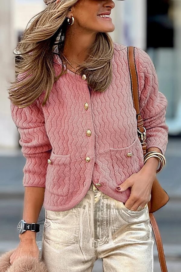 Color V-neck Long-sleeved Loose Pocket Knit Cardigan