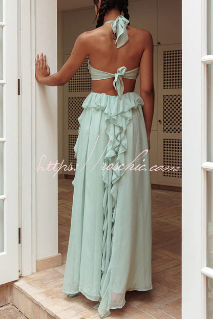 Vacation Halter Rose Detail Cut Out Ruffles Backless Maxi Dress