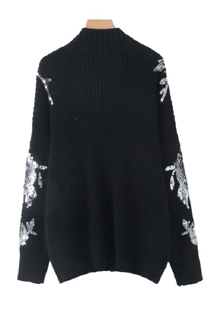 Turtleneck Loose-fitting Sequined Pattern Long Sleeve Knitted Sweater