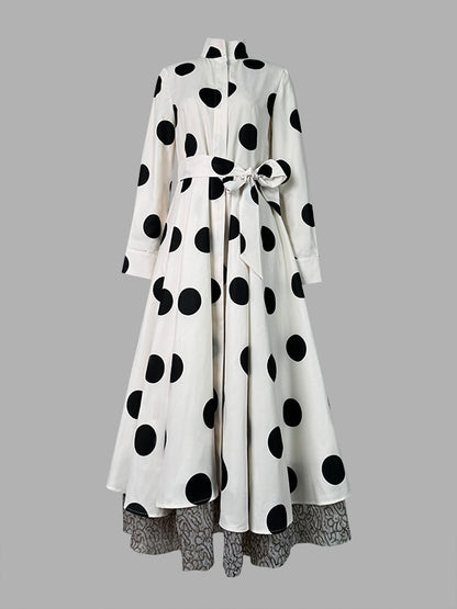 A-line High Waisted Belted Lace-up Pockets Polka Dot Split-joint Stand Collar Maxi Dresses
