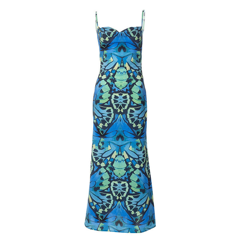 Backless Butterfly Printed Maxi Dress