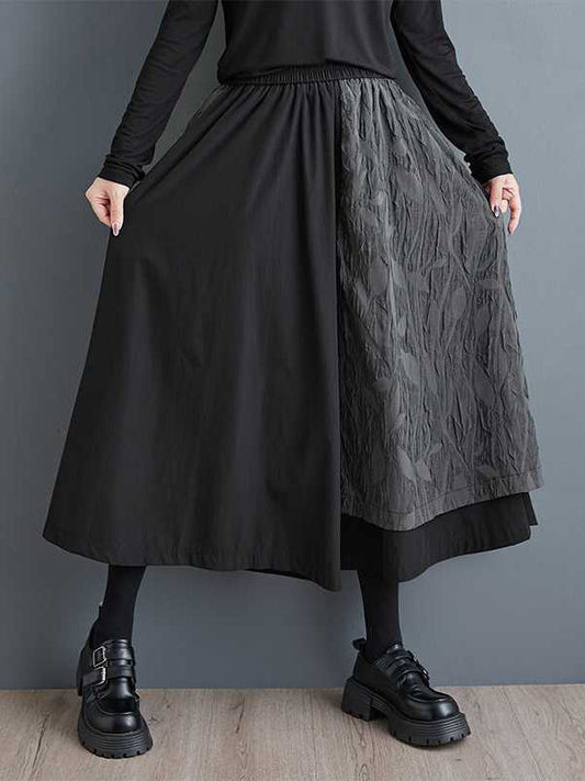 Black Loose High Waisted Pockets Patchwork Jacquard Texture Wide Leg Pants Culotte Ws002