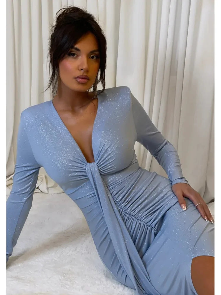 Long Sleeved Lace Up Pleated Evening Dress for Vneck Bodycon Elastic Maxi Dress Female Party Club Vestidos