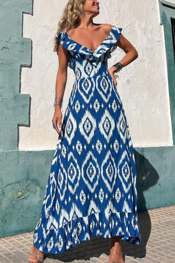Tunisia Blue Printed, Long Dress