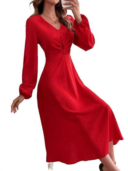A-line High Waisted Pleated Color Zipper V-neck Midi Dresses