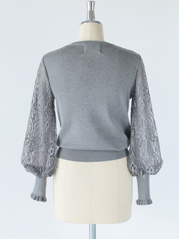 Tempermant Black Round-neck Patchwork Hollow Lace Long Puff Sleeves Sweater Qx011