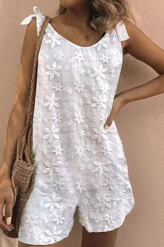 Embroidered Lace-up Tank Top Romper