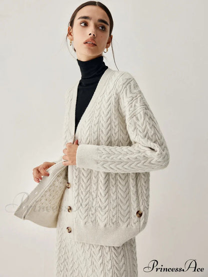 Cable Knit Cardigan With Matching Midi Skirt