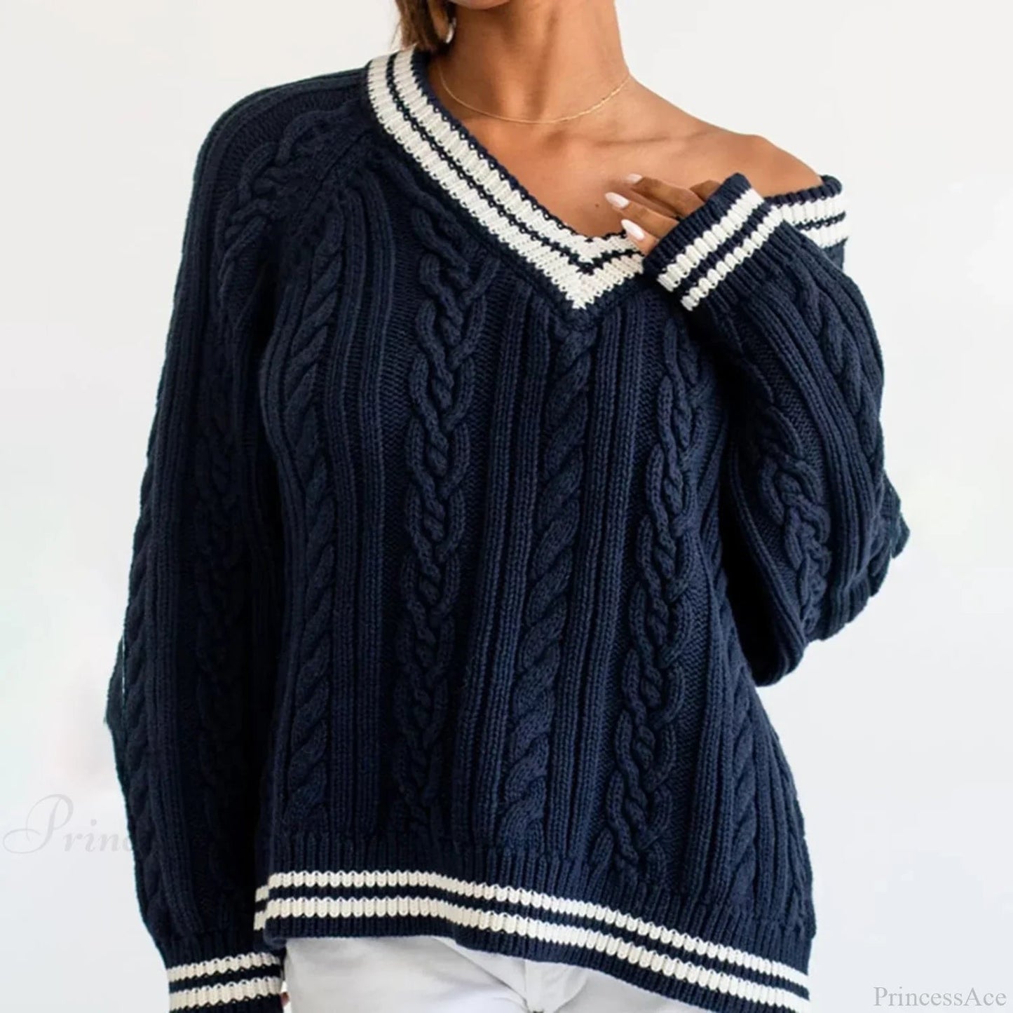 Cable Knit Loose Contrast Trim Sweater