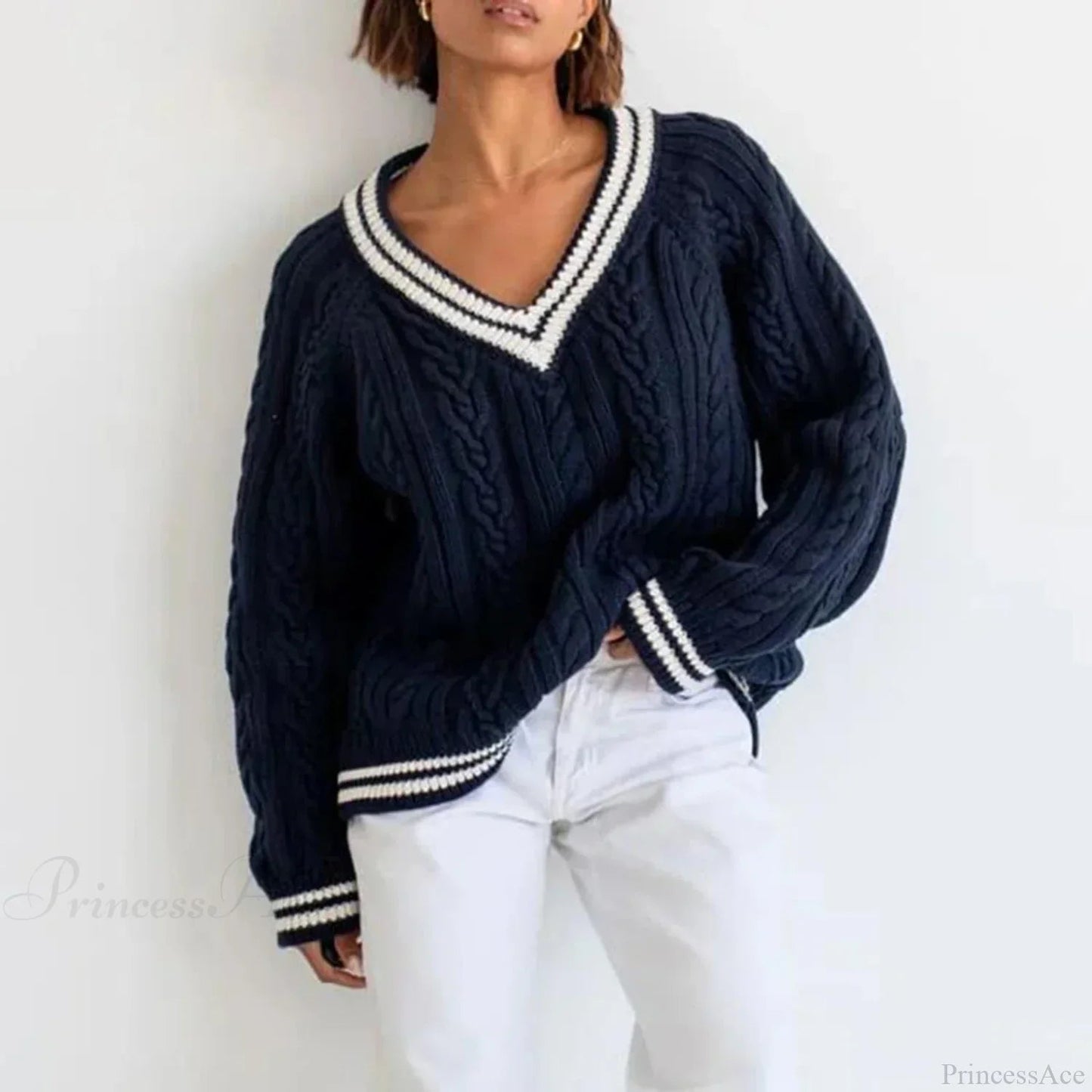 Cable Knit Loose Contrast Trim Sweater