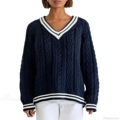 Cable Knit Loose Contrast Trim Sweater
