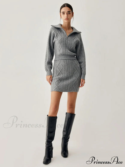 Cable Knit Open Collar Modern Cardigan With Matching Skirt