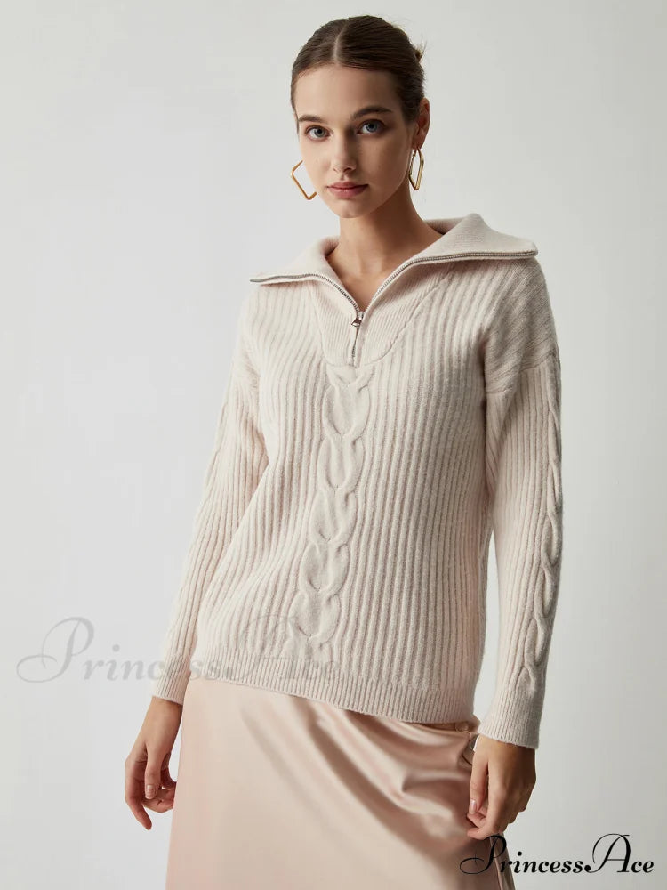 Cable Knit Open Collar Half Zip Sweater