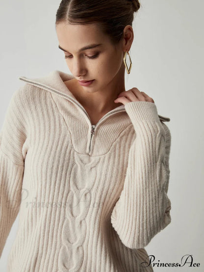 Cable Knit Open Collar Half Zip Sweater