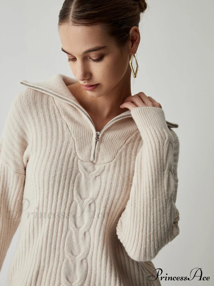 Cable Knit Open Collar Half Zip Sweater