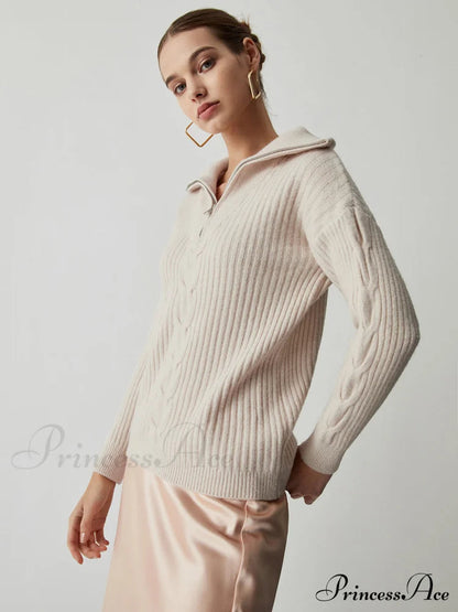 Cable Knit Open Collar Half Zip Sweater