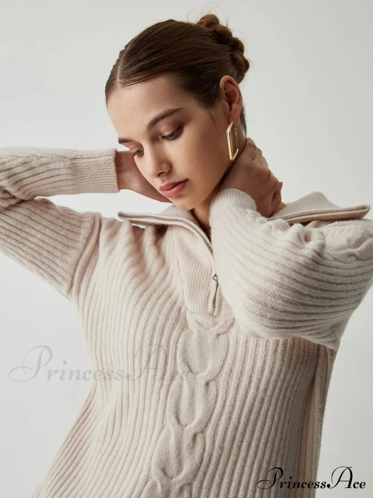 Cable Knit Open Collar Half Zip Sweater
