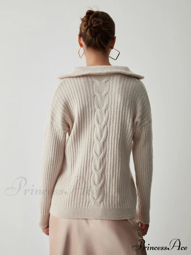 Cable Knit Open Collar Half Zip Sweater