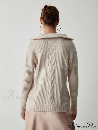 Cable Knit Open Collar Half Zip Sweater