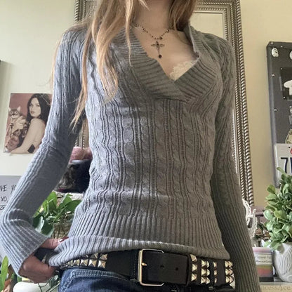 Cable Knitted Slim Fit Hooded Sweater Long Sleeve V Neck