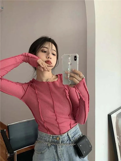 Long Sleeve T-shirts Spring O-neck Bright Line Decoration Slim Soft Clothing Tees
