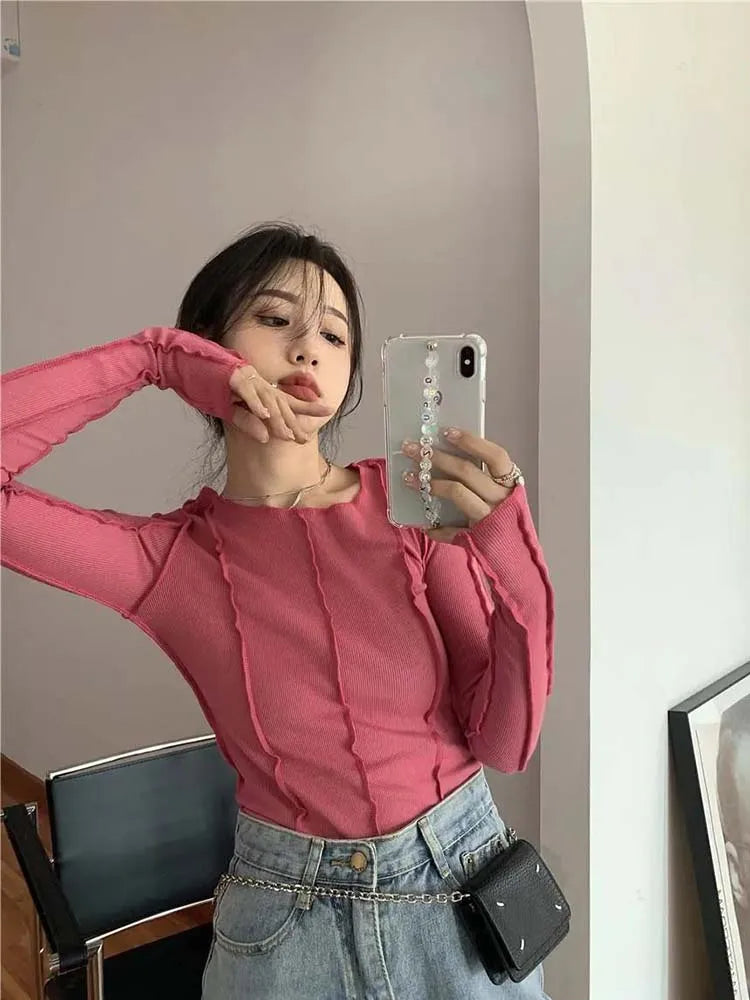 Long Sleeve T-shirts Spring O-neck Bright Line Decoration Slim Soft Clothing Tees