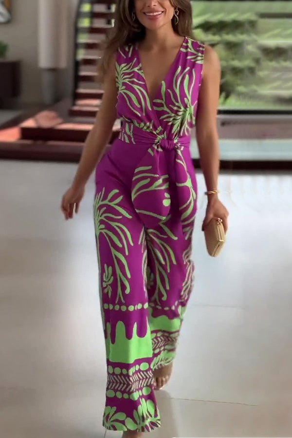 Unique Printed V-neck Sleeveless Waist Tie Jumpsuit