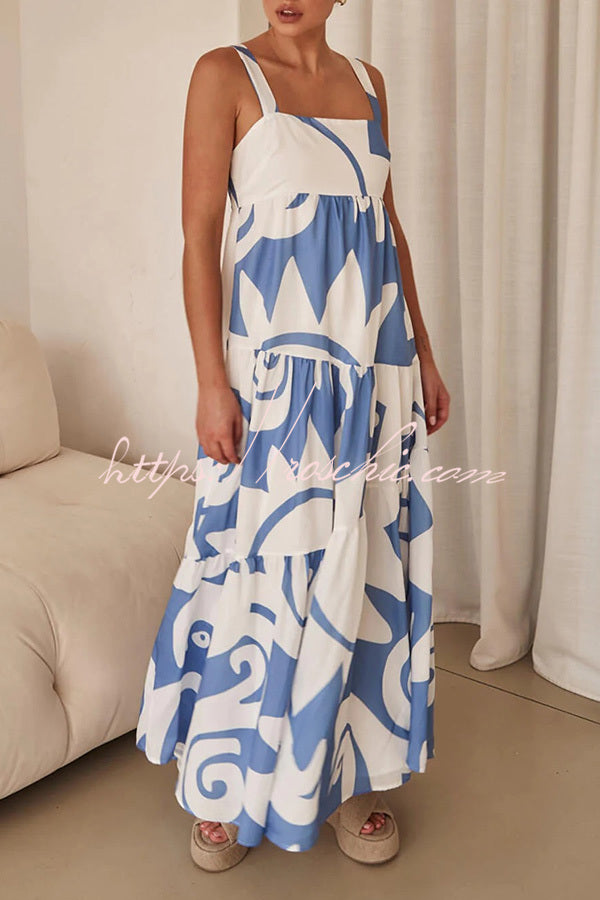 Style Geometric Print Back Smocked Loose Maxi Dress
