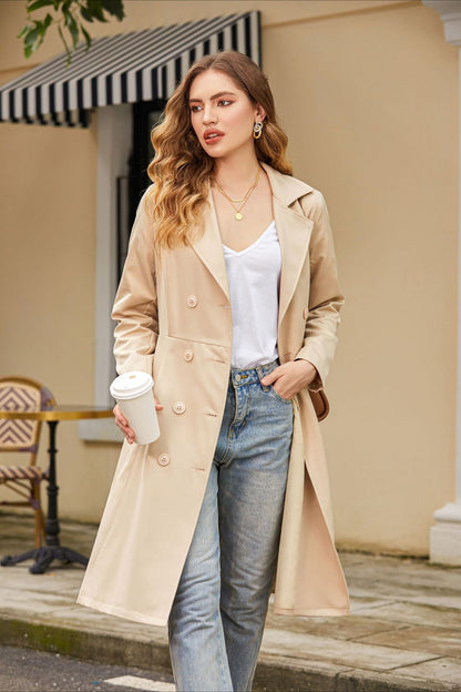 Slim Tie Waist Mid-length Pocket Trench Coat