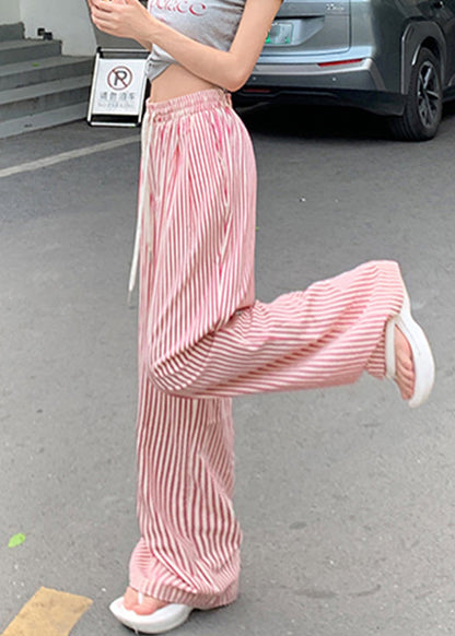 Pink Lace Up Pockets Cotton Pants High Waist Summer Nn008