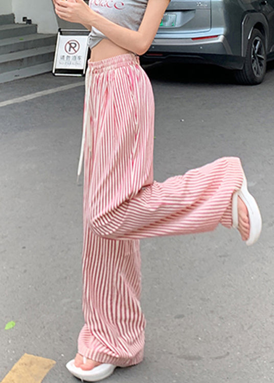 Pink Lace Up Pockets Cotton Pants High Waist Summer Nn008