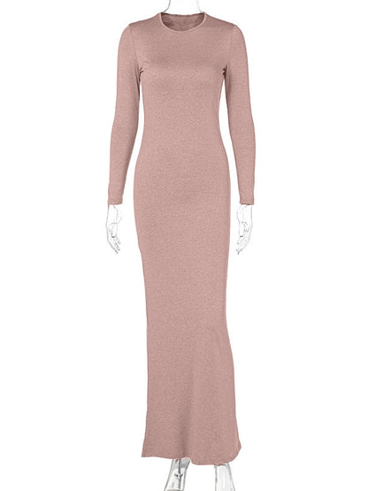 Bodycon Long Sleeves See-through Color Round-neck Maxi Dresses