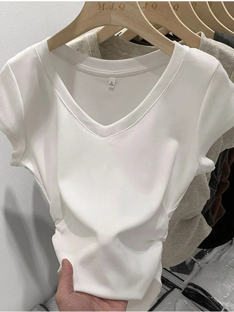 New Summer Top T Shirt Elasticity T-shirt Korean Style Woman Clothes Slim Tshirt Female Skinny Short Sleeve Tops Tee