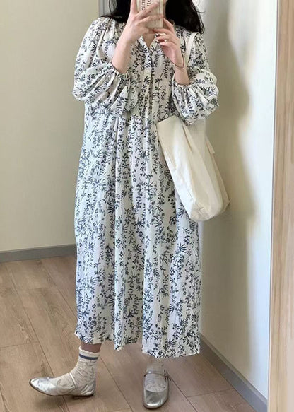 Button Print Tie Waist Cotton Long Dress Summer Qp057