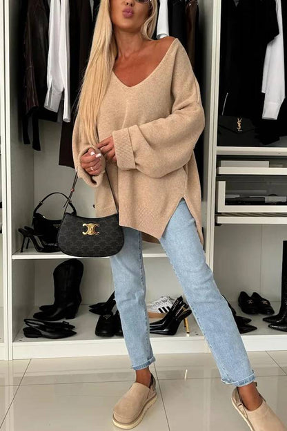 Cold Weather Knit Color Long Sleeve V-neck Irregular Relaxed Sweater