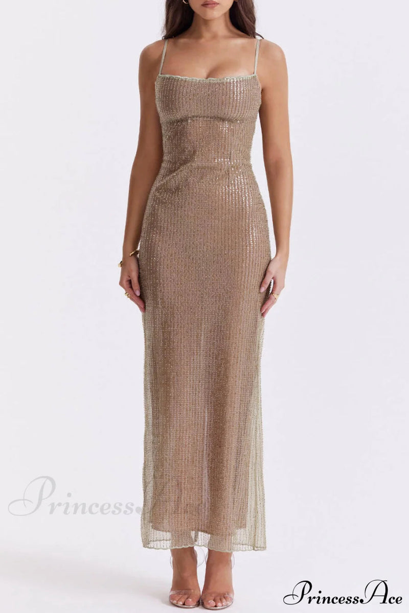 Cafe Au Lait Charming Beaded Maxi Dress
