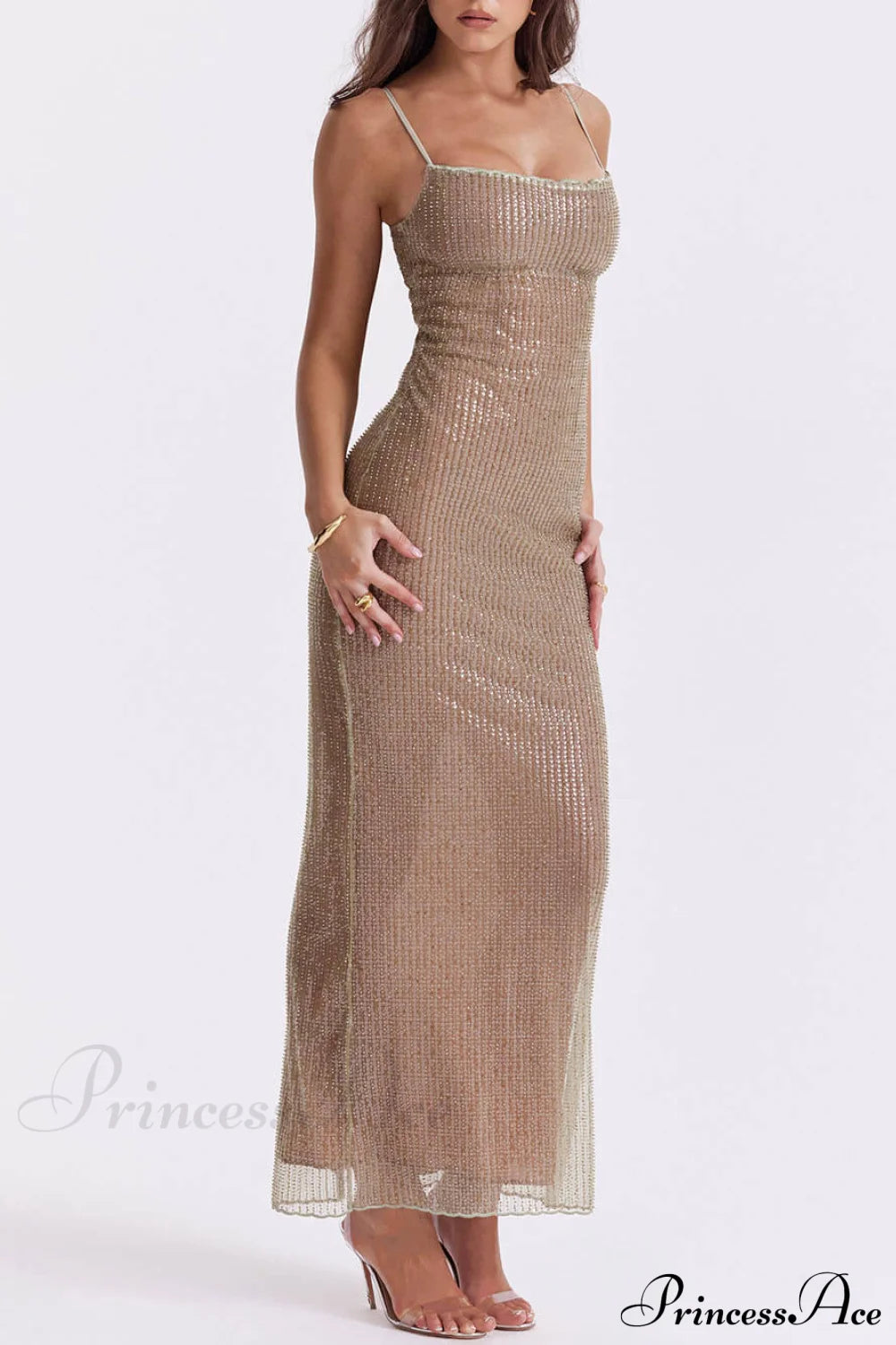 Cafe Au Lait Charming Beaded Maxi Dress