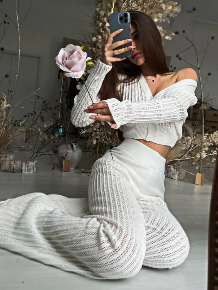 Knitted Sweater Outfits Buttons See-through Long Sleeve High Waist Knit Two Piece Trousers Outfits