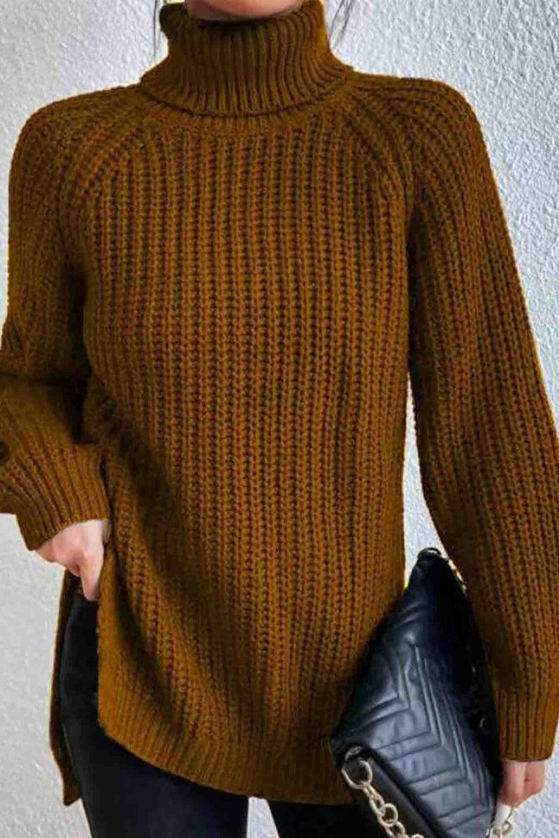 Raglan Sleeve Turtleneck Slit Mid-length Sweater