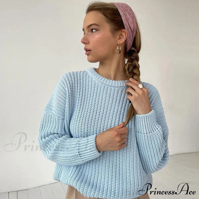 Candy Color Crewneck Pullover Sweater - Green