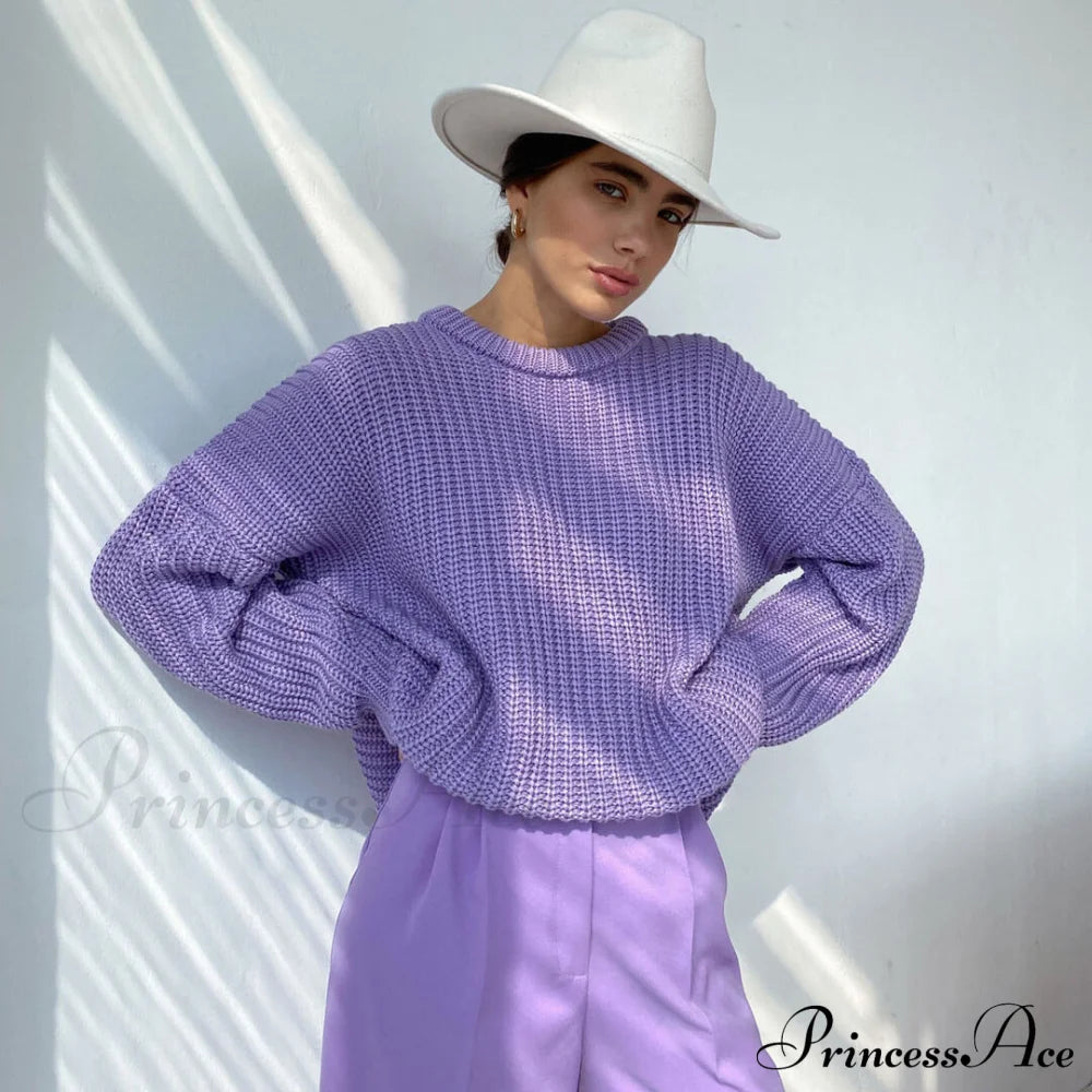 Candy Color Crewneck Pullover Sweater - Orange