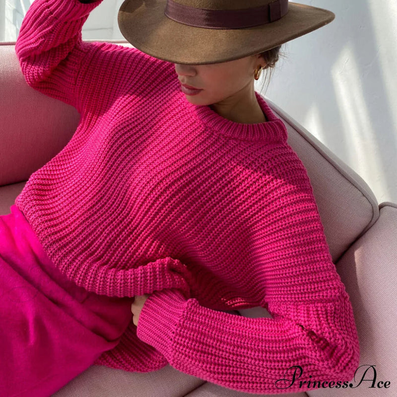 Candy Color Crewneck Pullover Sweater - Purple