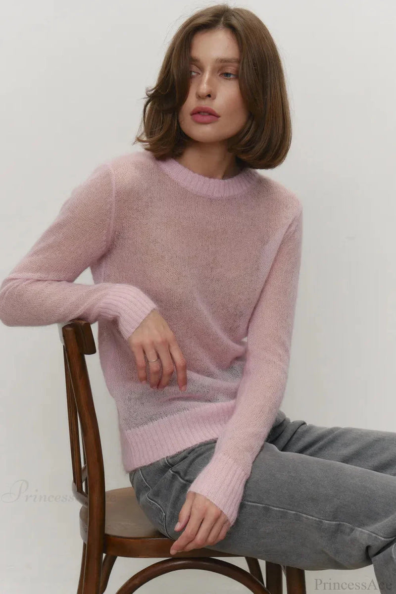 Candy Color Sheer Crew Neck Knit Sweater