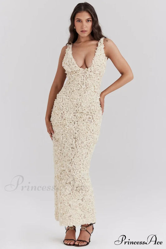 Carena Plunge Charming Applique Maxi Dress