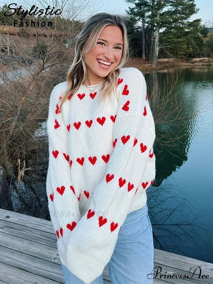 Cozy Heart Print Loose O-neck Long Sleeve Stylish Warm Sweater