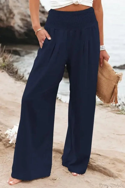 Elastic Waist Linen Wide Pants