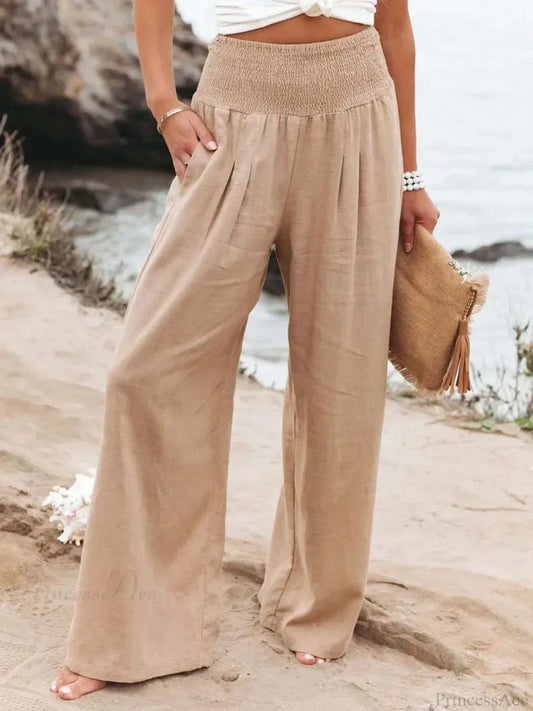 Elastic Waist Linen Wide Pants