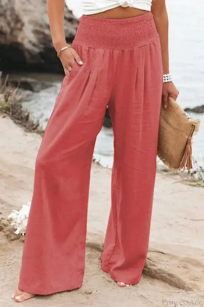 Elastic Waist Linen Wide Pants