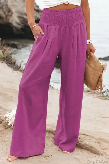 Elastic Waist Linen Wide Pants