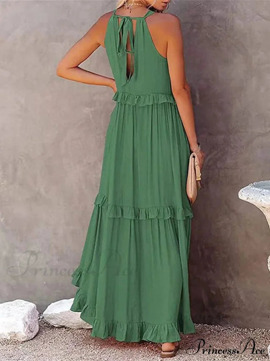 Ruffle Halter Sleeveless Classic Female Party Outfits Beach Maxi Dress